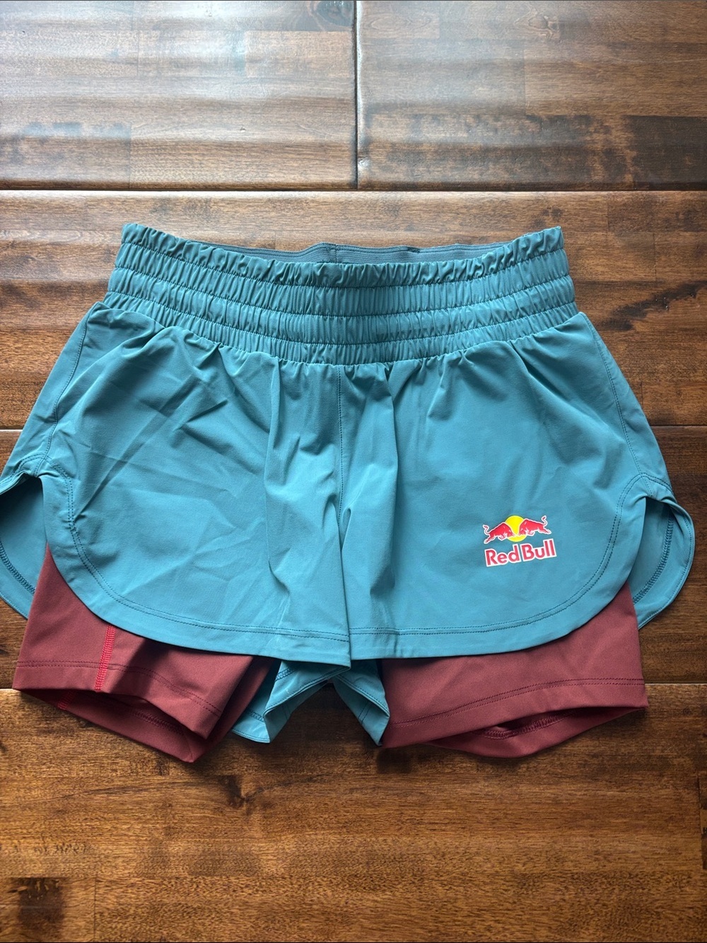 Red Bull Women's Two-in-One Athletic Shorts — Teal and Burgundy